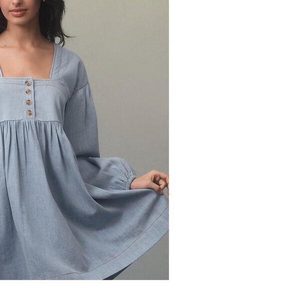 NEW By Anthropologie Long-Sleeve Square-Neck Denim Babydoll Mini Dress size S - Picture 2 of 7